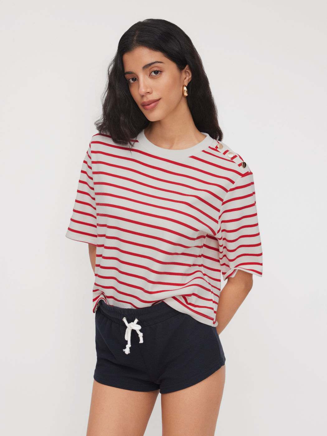 Cotton-blend Round Neckline Oversized Stripe Tee