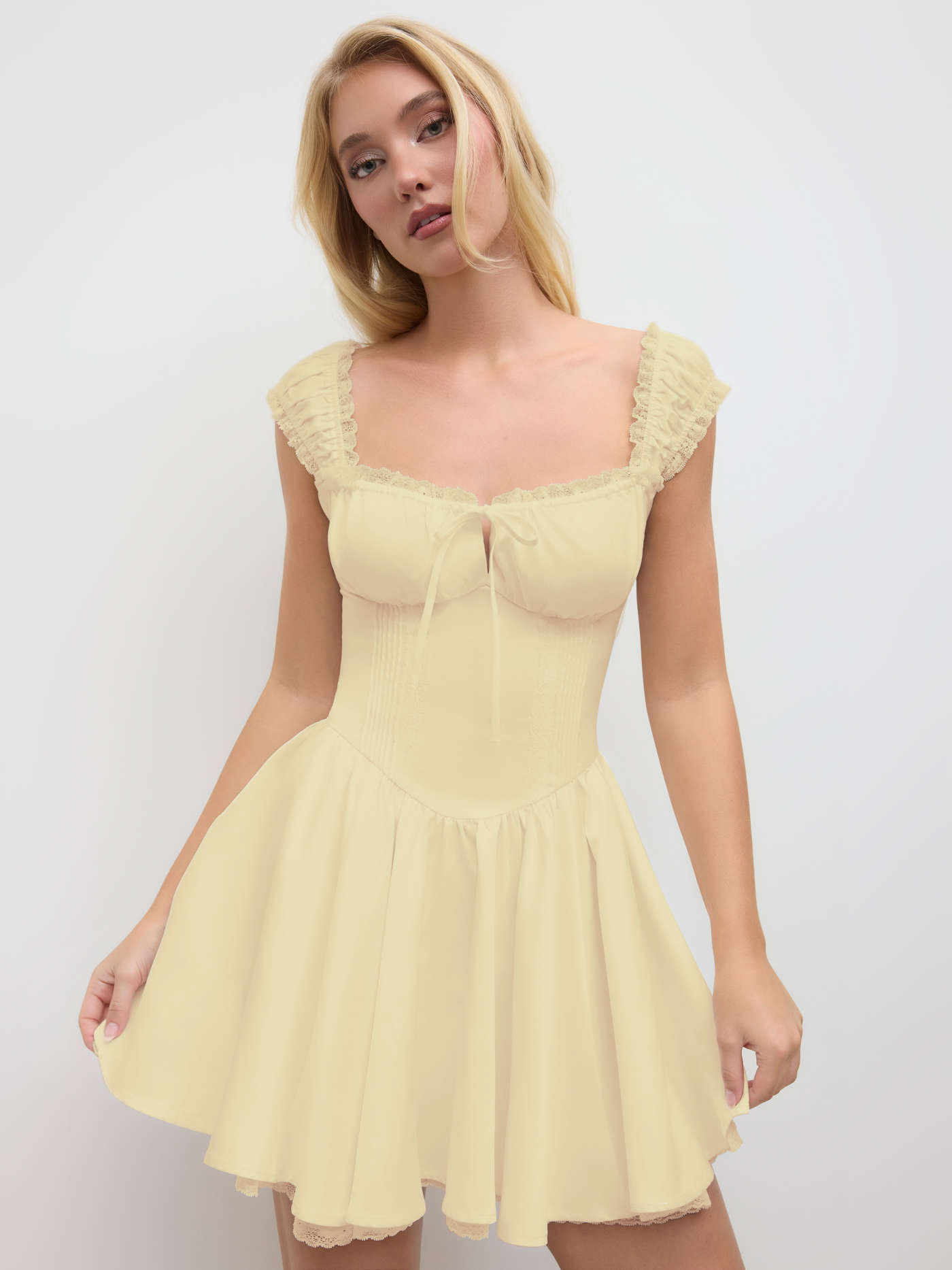 Woven Sweetheart Lettuce Trim Ruffle Knotted Mini Dress For Date