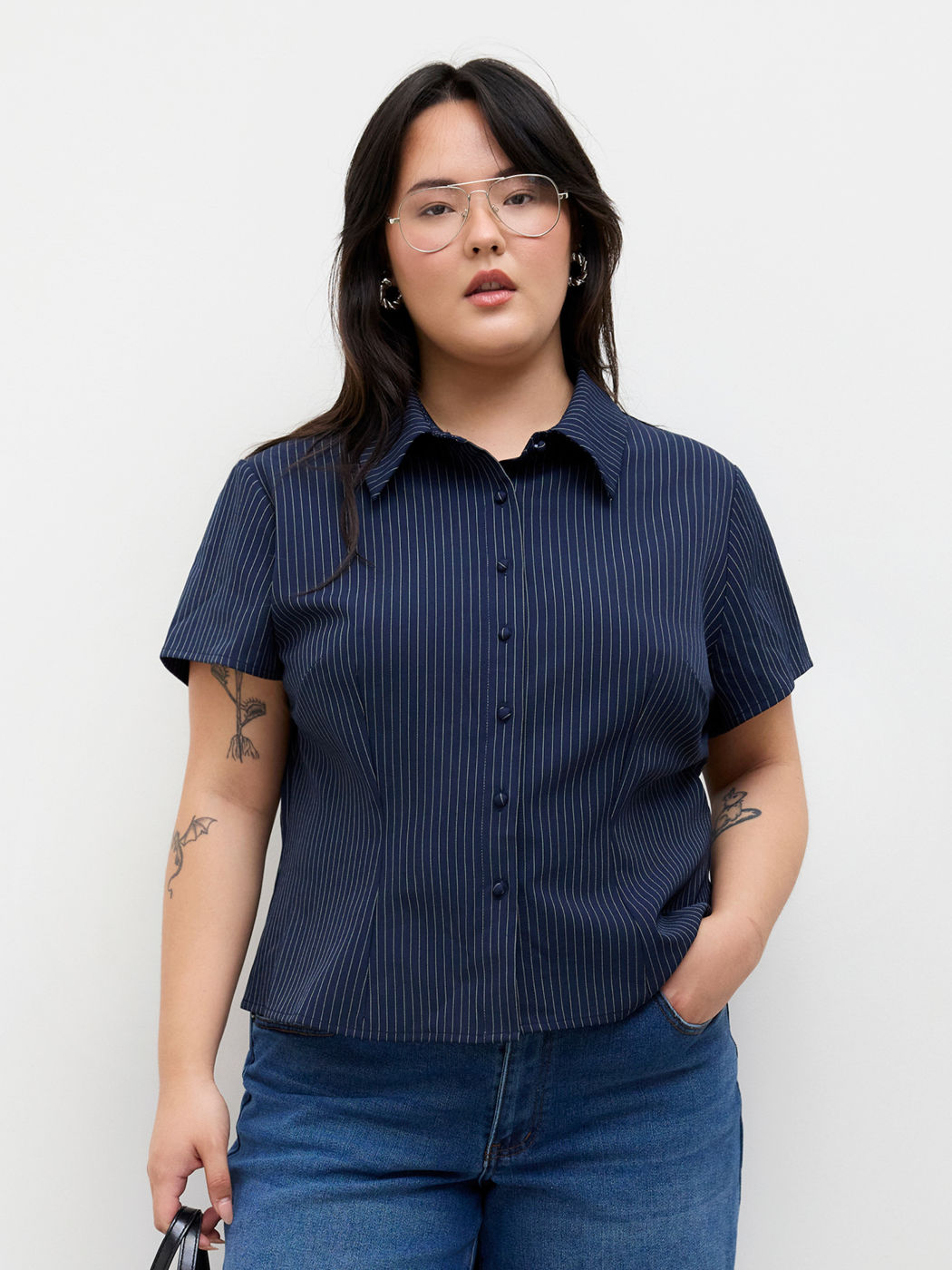 Camicia a Maniche Corte con Strisce sul Colletto Taglie Comode