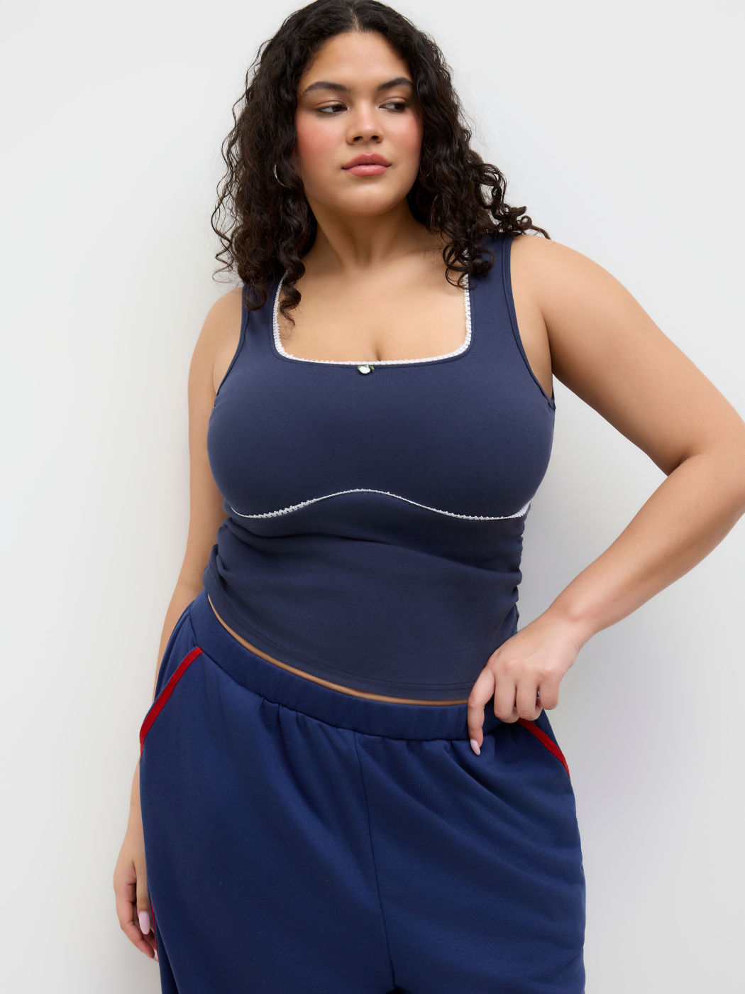 Cotton-blend Square Neck Contrasting Binding Ruched Tank Top Curve & Plus