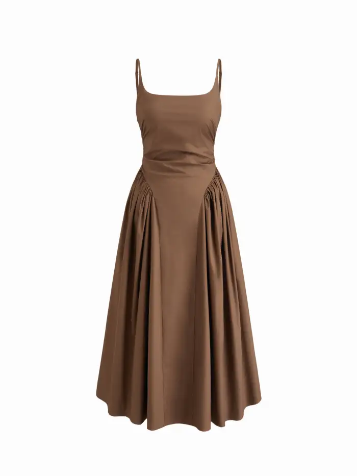 Woven 100% Cotton U-neckline Ruched Ruffle Hem Maxi Cami Dress For Daily  Casual