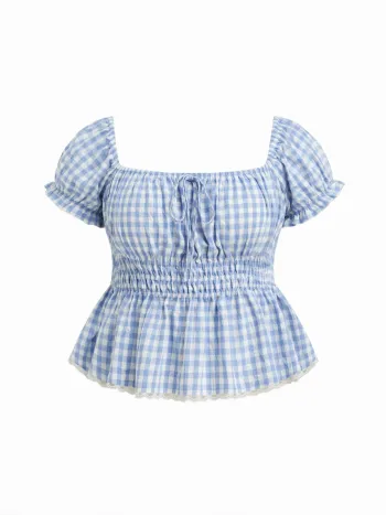 100% Baumwolle Gingham Spitze Rande Knopfloch Bluse Kurve & Plus