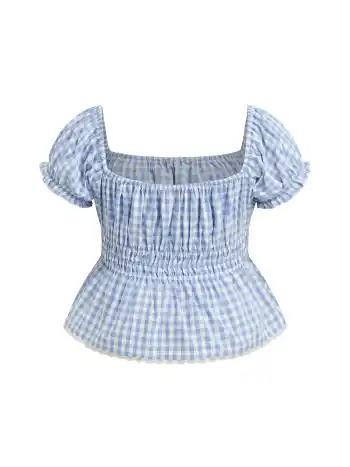 100% Baumwolle Gingham Spitze Rande Knopfloch Bluse Kurve & Plus