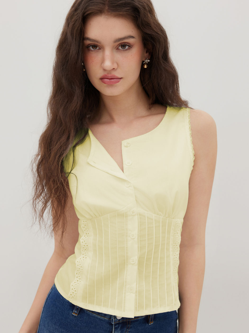 Baumwollmischung Knopfauf Blumengeschnittenes Stricktanktop