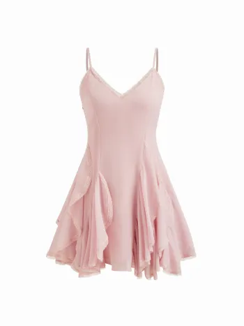 Mini abito in chiffon con scollo a V, bordi in pizzo, volant e nodo