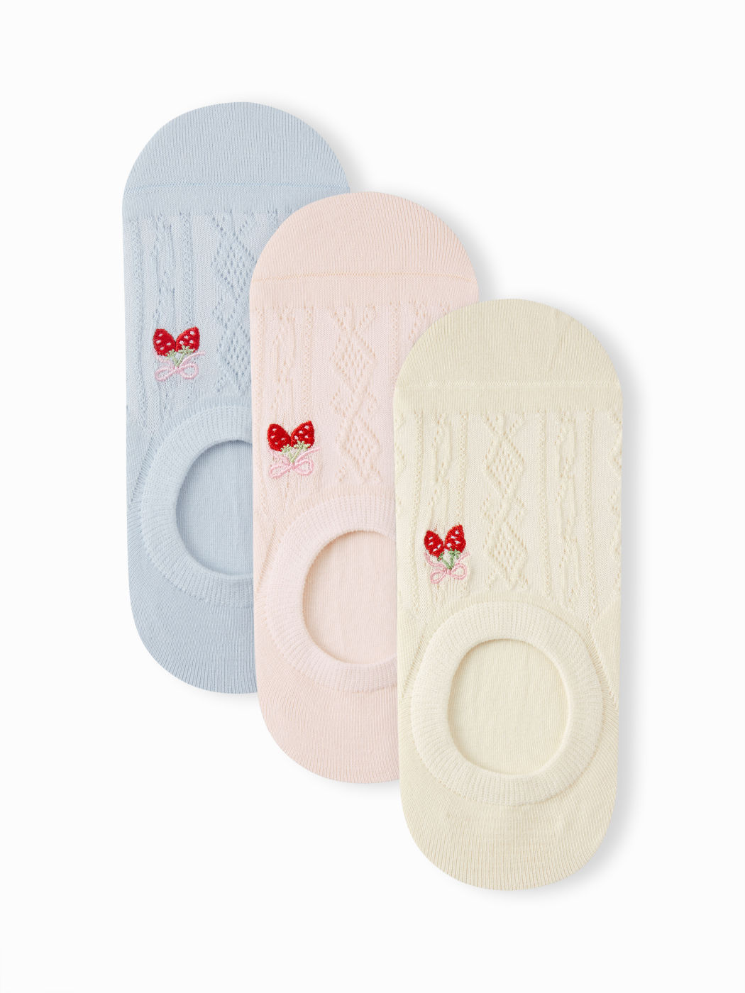 3 PAIRS BOWKNOT & STRAWBERRY EMBROIDERED INVISIBLE SOCKS SET