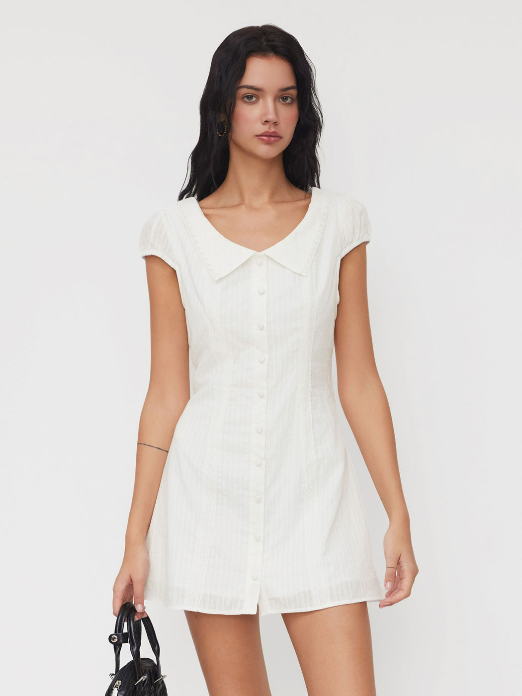 Cotton Collar Embroidery Button Through Mini Dress