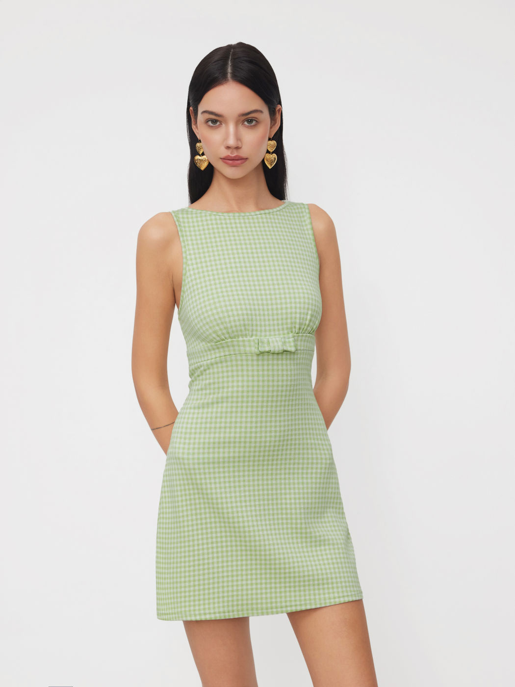 Boat Neck Gingham Bowknot Mini Dress