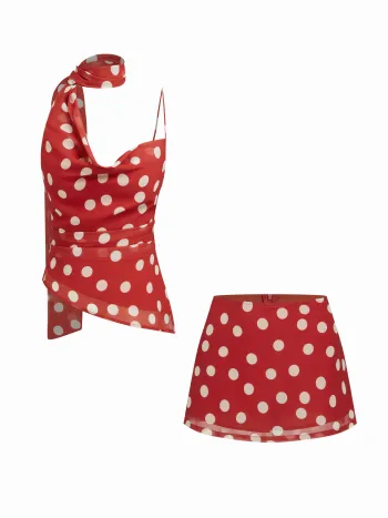 Kragenhalter Bluse mit Polkadots und Strumpf & Mini-Skirt Set