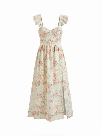 Blumiges Maxikleid mit Herzausschnitt und Seitenausschnitt