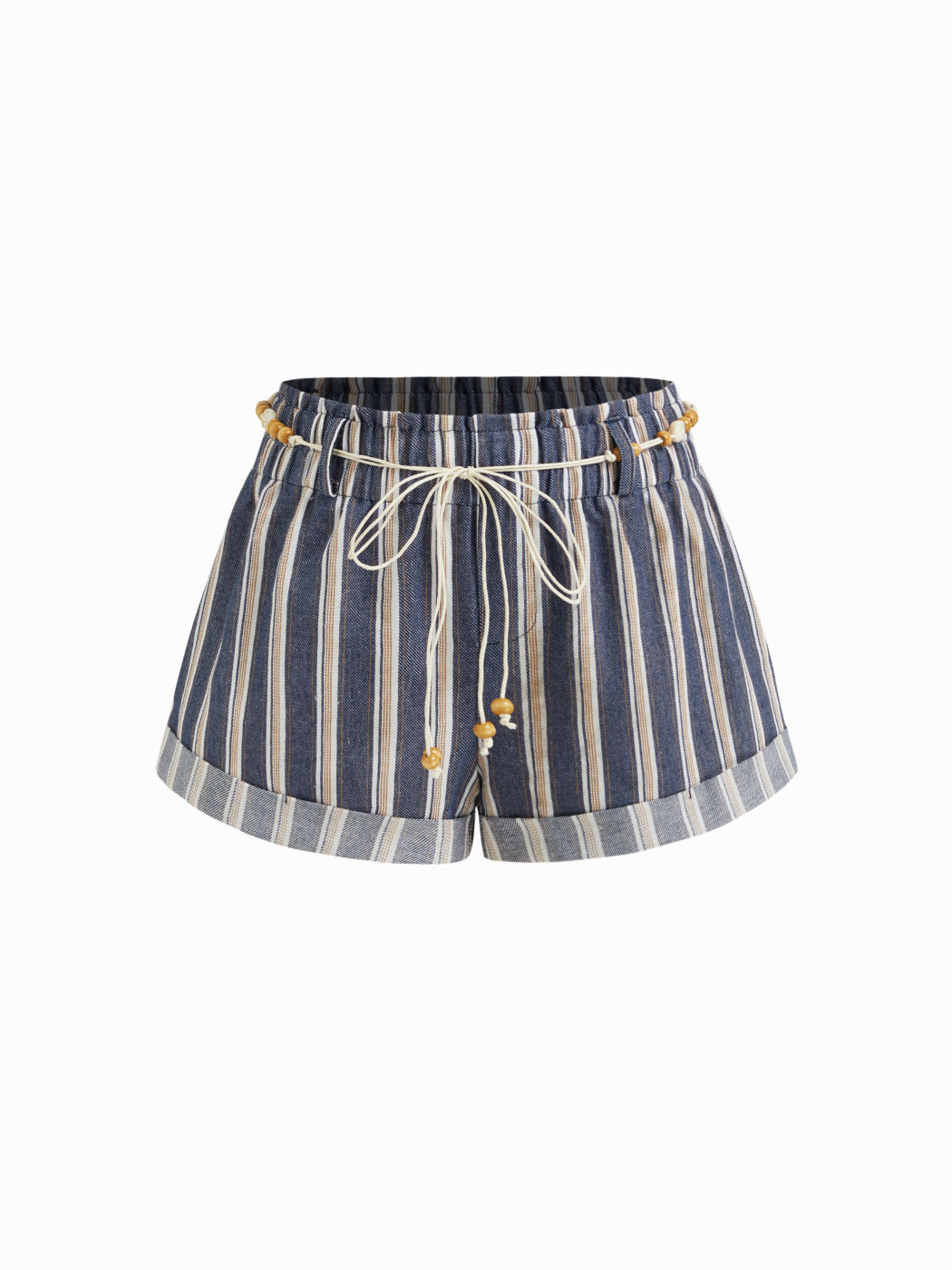 Shorts micro a vita media in misto cotone a righe con perline, nodo e orlo arrotolato