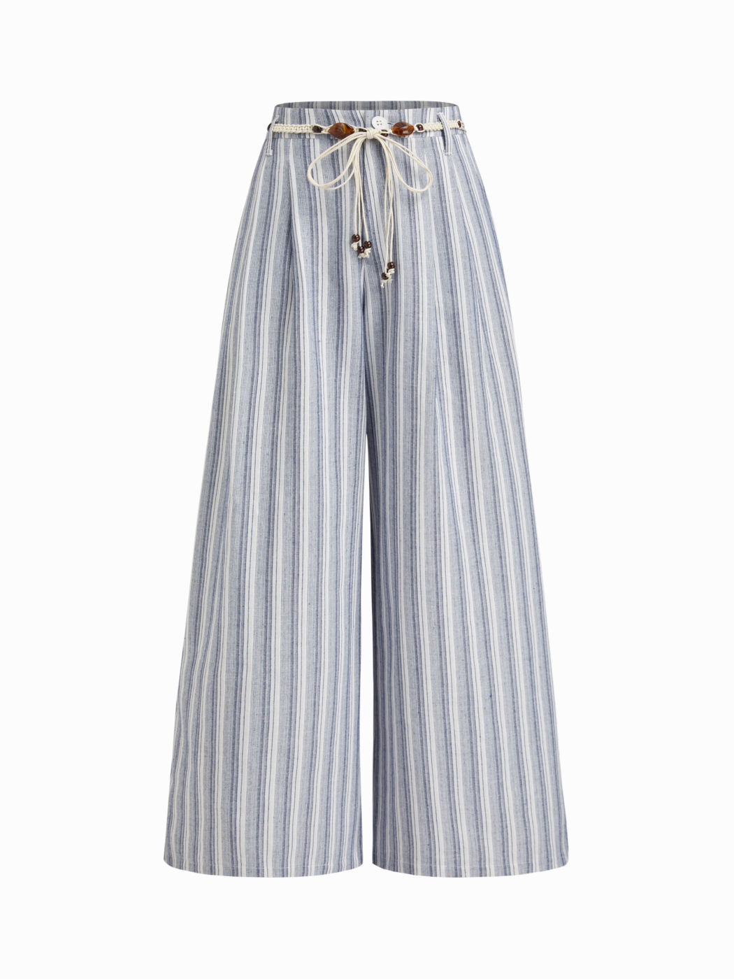 Cotton-blend Mid Rise Stripe Beaded Wide Leg Trousers