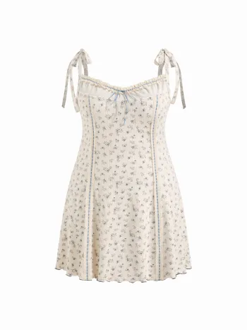 Blumiges Mini-Kleid mit Schleife und Salatrand Kurve & Plus