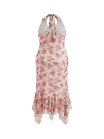 Halter Neckline Floral Ruched Lace Trim Ruffle Maxi Dress Curve & Plus