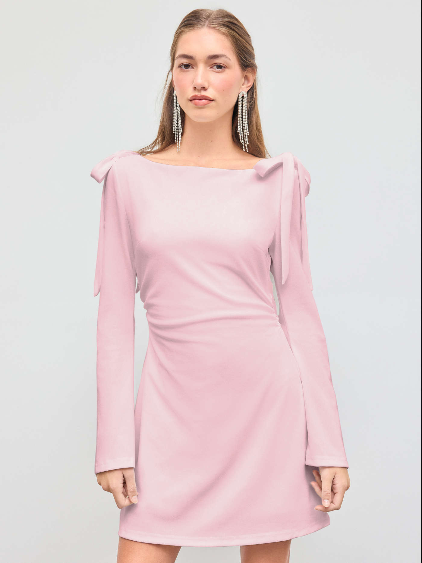 Knit Fabric Boat Neckline Solid Ruched Bowknot Mini Dress For School Date