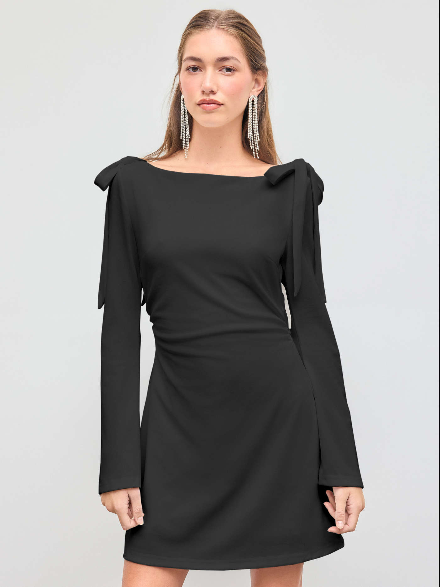 Boat Neckline Solid Ruched Bowknot Mini Dress