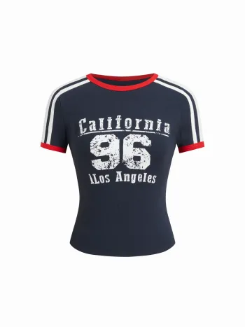 96 Graphic Cotton-blend Side Stripe Contrasting Binding Tee