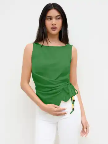 Leinenmischung, perlenbesetzte, geknotete und gerucherte Tank-Top