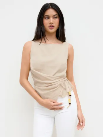 Leinenmischung, perlenbesetzte, geknotete und gerucherte Tank-Top