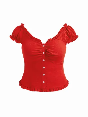 V-neck Lettuce Trim Shirred Blouse Curve & Plus
