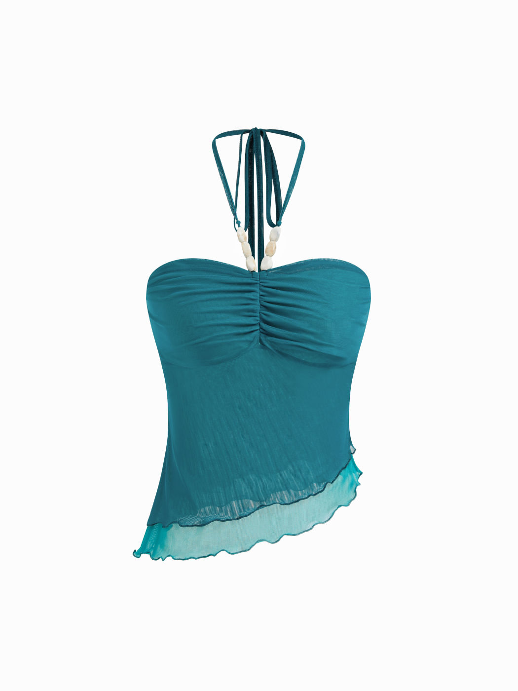 Mesh Halter Neckline Beaded Lettuce Trim Asymmetrical Hem Cami Top