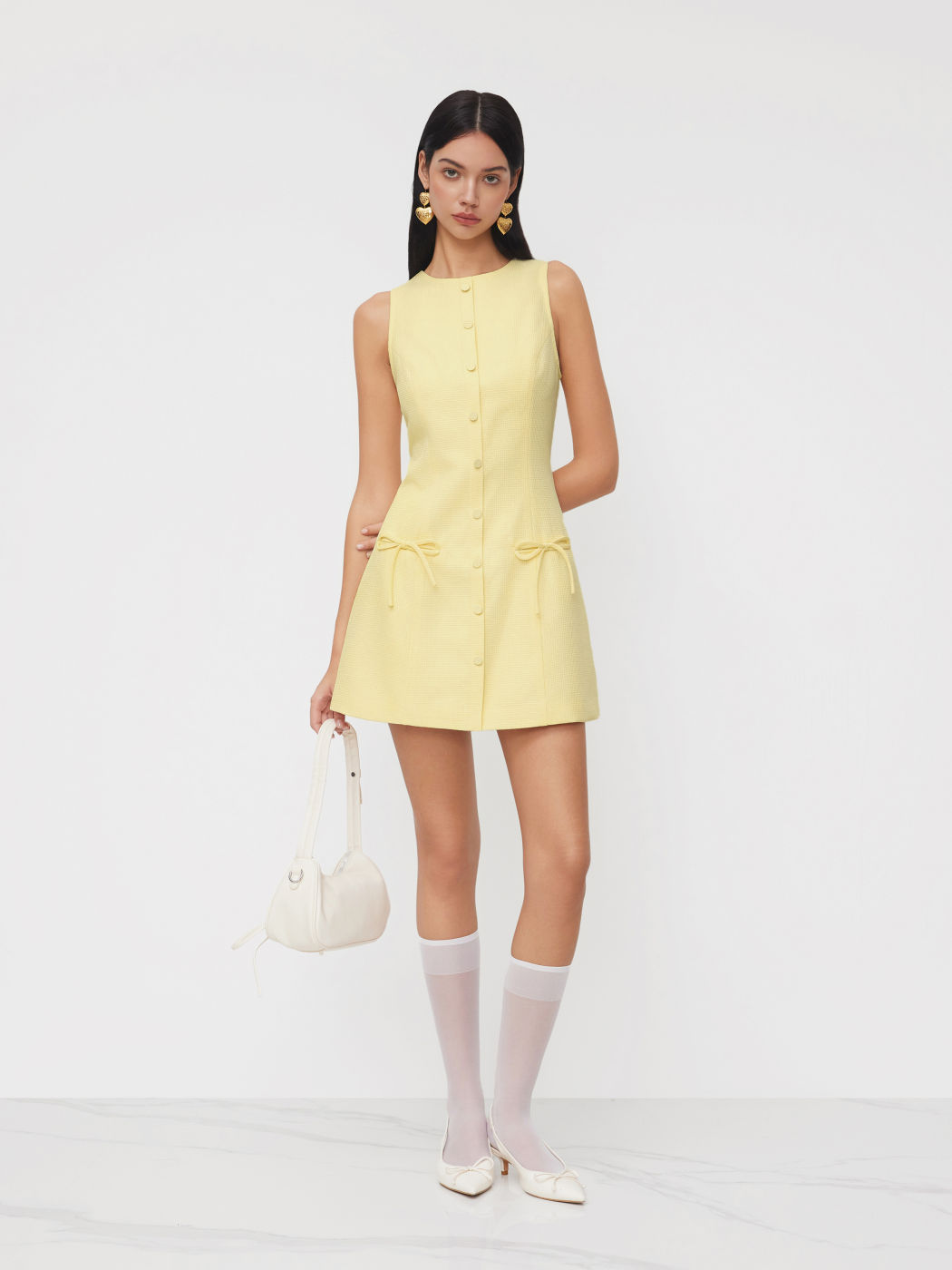 Jacquard Round Neckline Bowknot Sleeveless Mini Dress