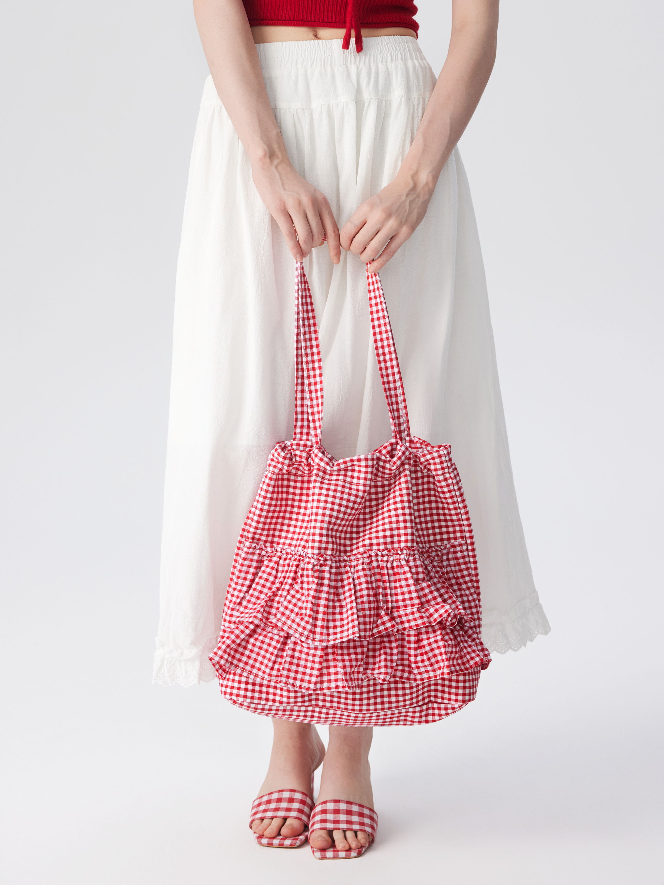 Cotton Fabric GINGHAM DOUBLE LAYERED RUFFLE DRAWSTRING TOTE Cotton Fabric GINGHAM DOUBLE LAYERED RUFFLE DRAWSTRING TOTE