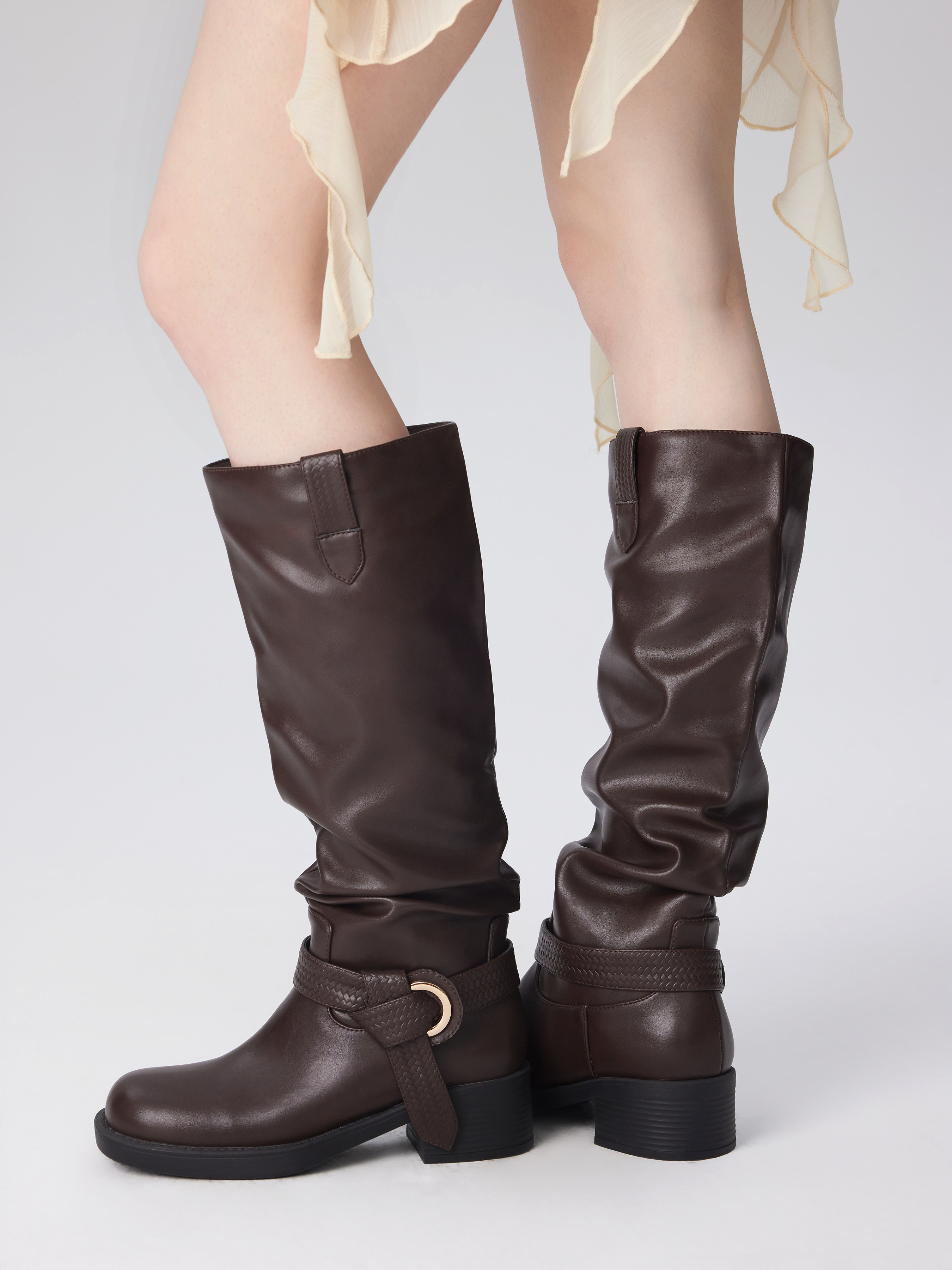 Brown Stivaletti Peter Pan BUCKLE CHUNKY HEELED KNEE HIGH BOOTS