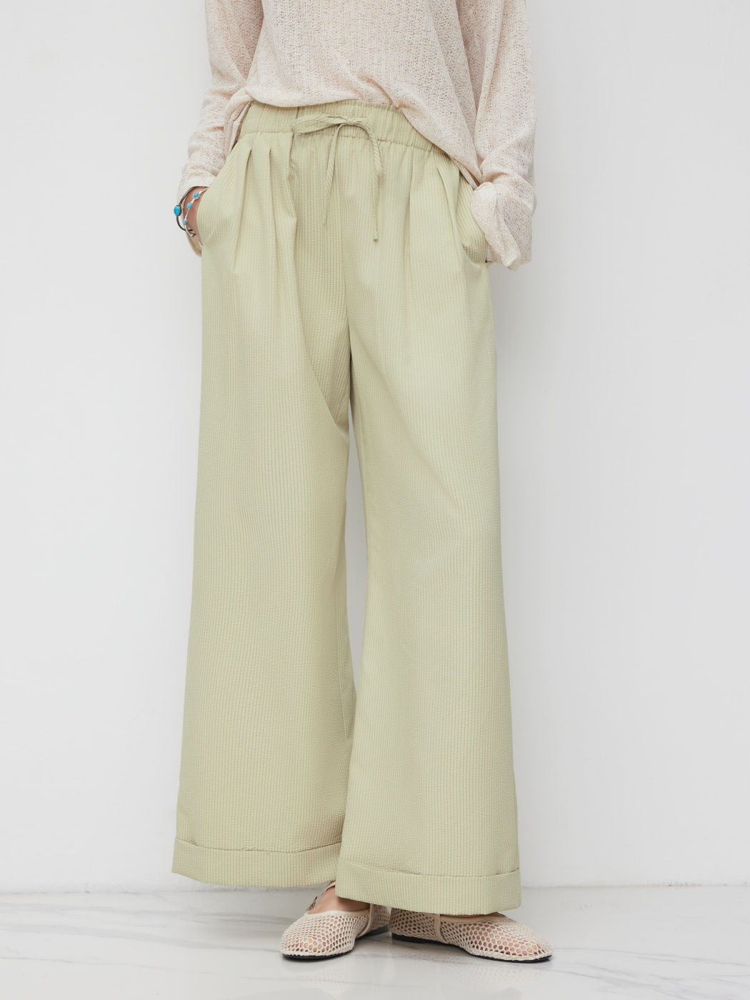 Mid Rise Stripes Drawstring Roll Hem Straight Leg Trousers