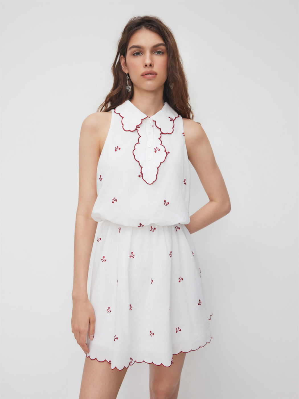 Cotton-blend Bowknot Embroidery Contrasting Binding Wave Hem Mini Dress