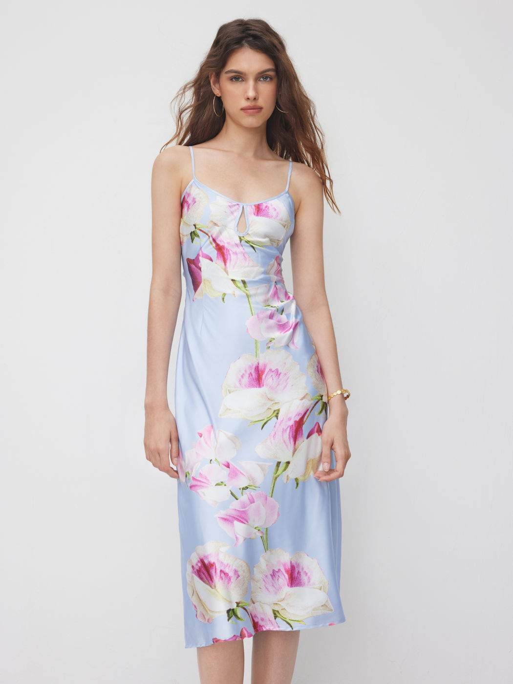 Satin Scoop Neckline Criss Cross Floral Midi Dress