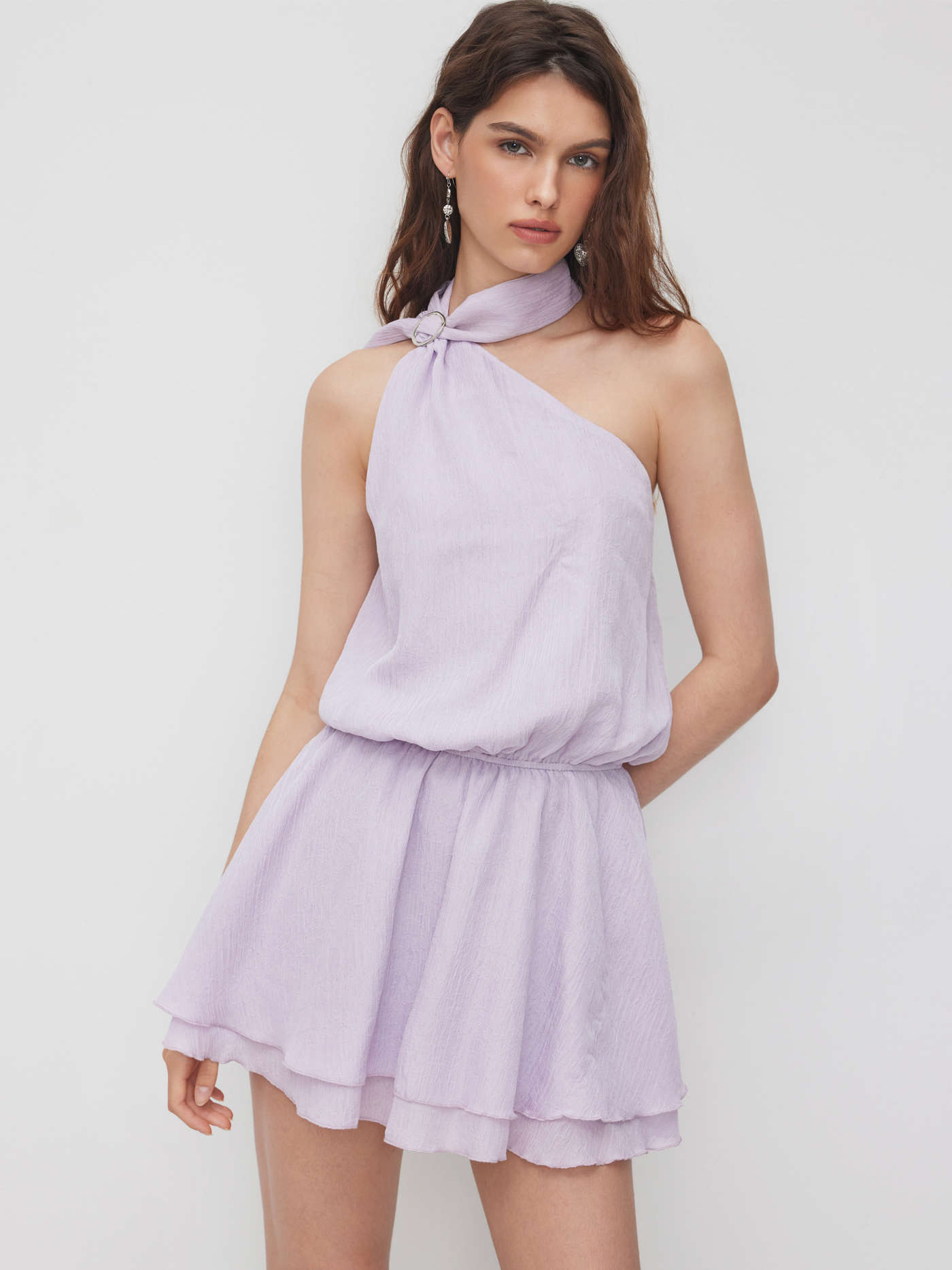 Asymmetrical Neck Mental Detail Belted Layered Mini Dress With Scarf