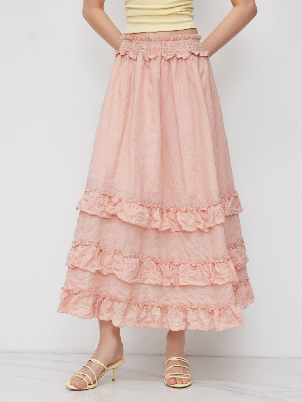 Gonna lunga maxi a balze con orlo a lattuga a vita media in misto cotone