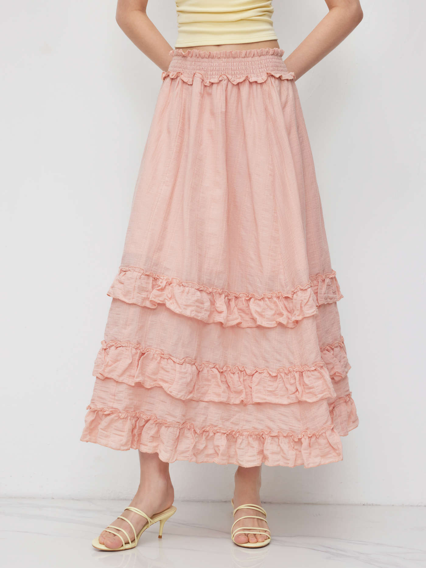 Cotton-blend Mid Rise Ruffle Lettuce Trim Maxi Skirt