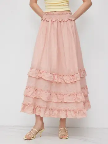 Cotton-blend Mid Rise Ruffle Lettuce Trim Maxi Skirt