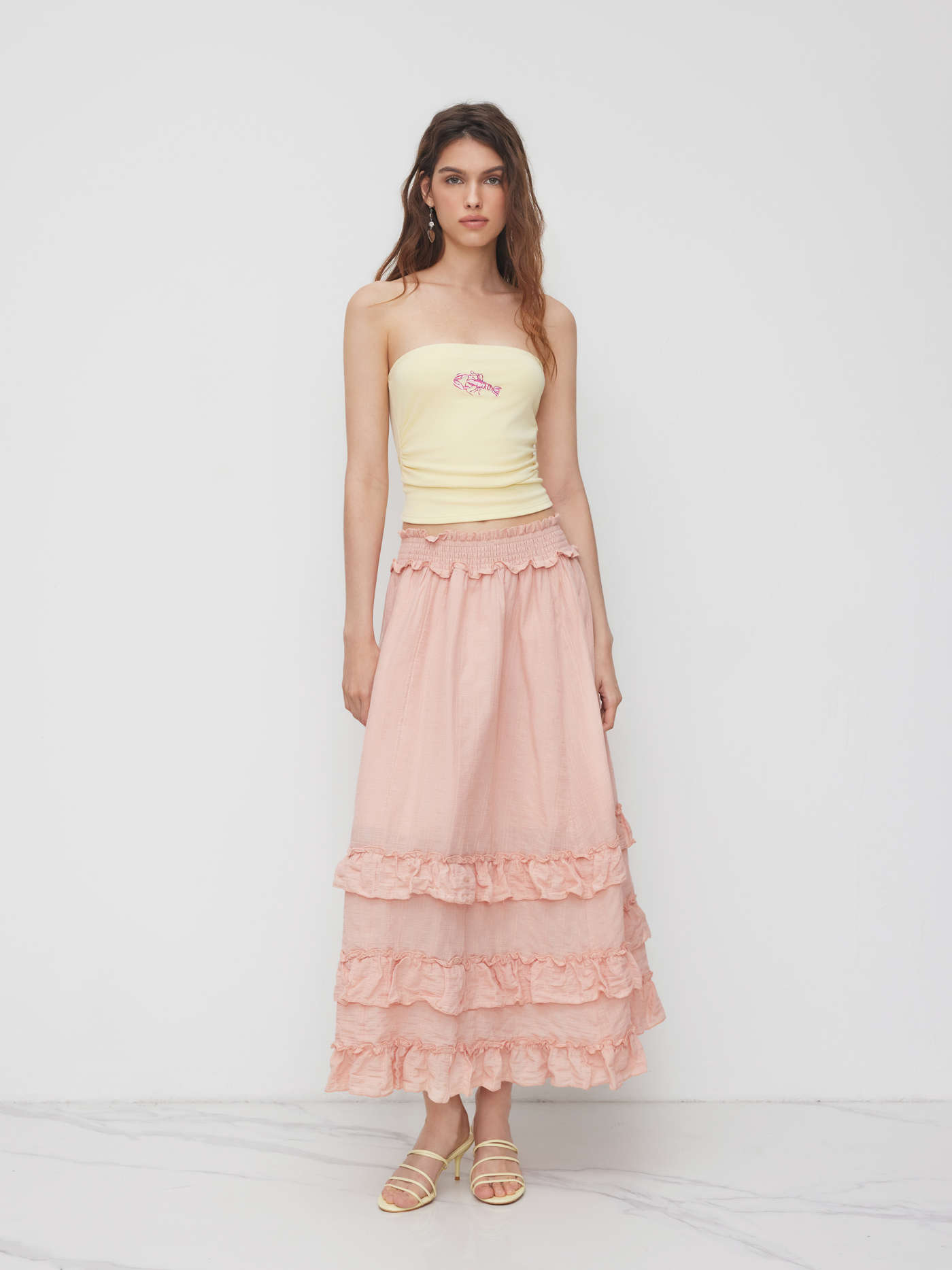 Cotton-blend Mid Rise Ruffle Lettuce Trim Maxi Skirt