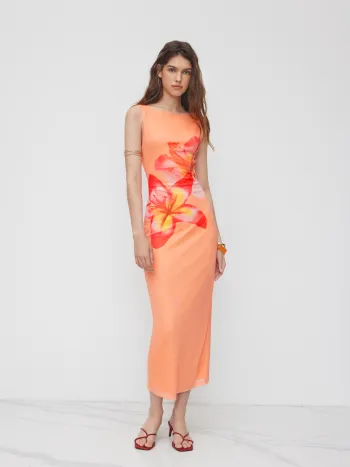 Tropisches Florales Maxikleid mit Maschenstoff, Bootshals und Schlitz