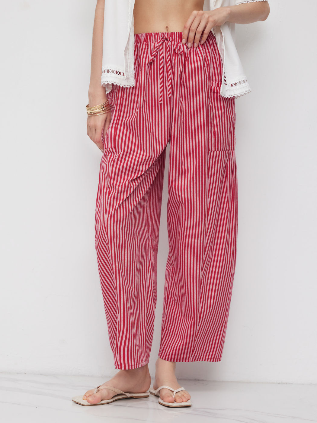 100% Cotton Mid Rise Stripe Tapered Trousers
