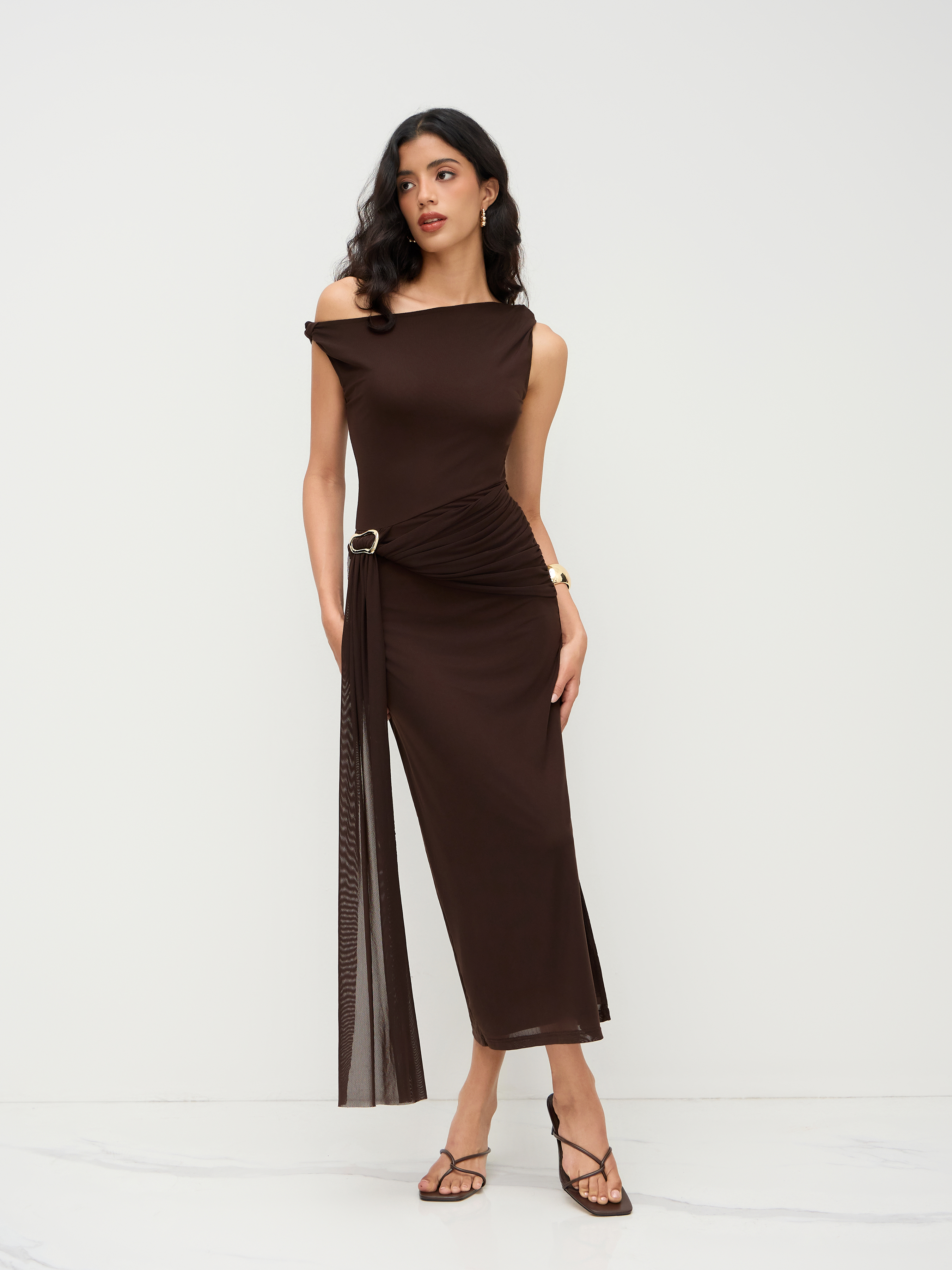 Mesh Mesh Asymmetrical Neck Ruched Draped Maxi Dress For Date