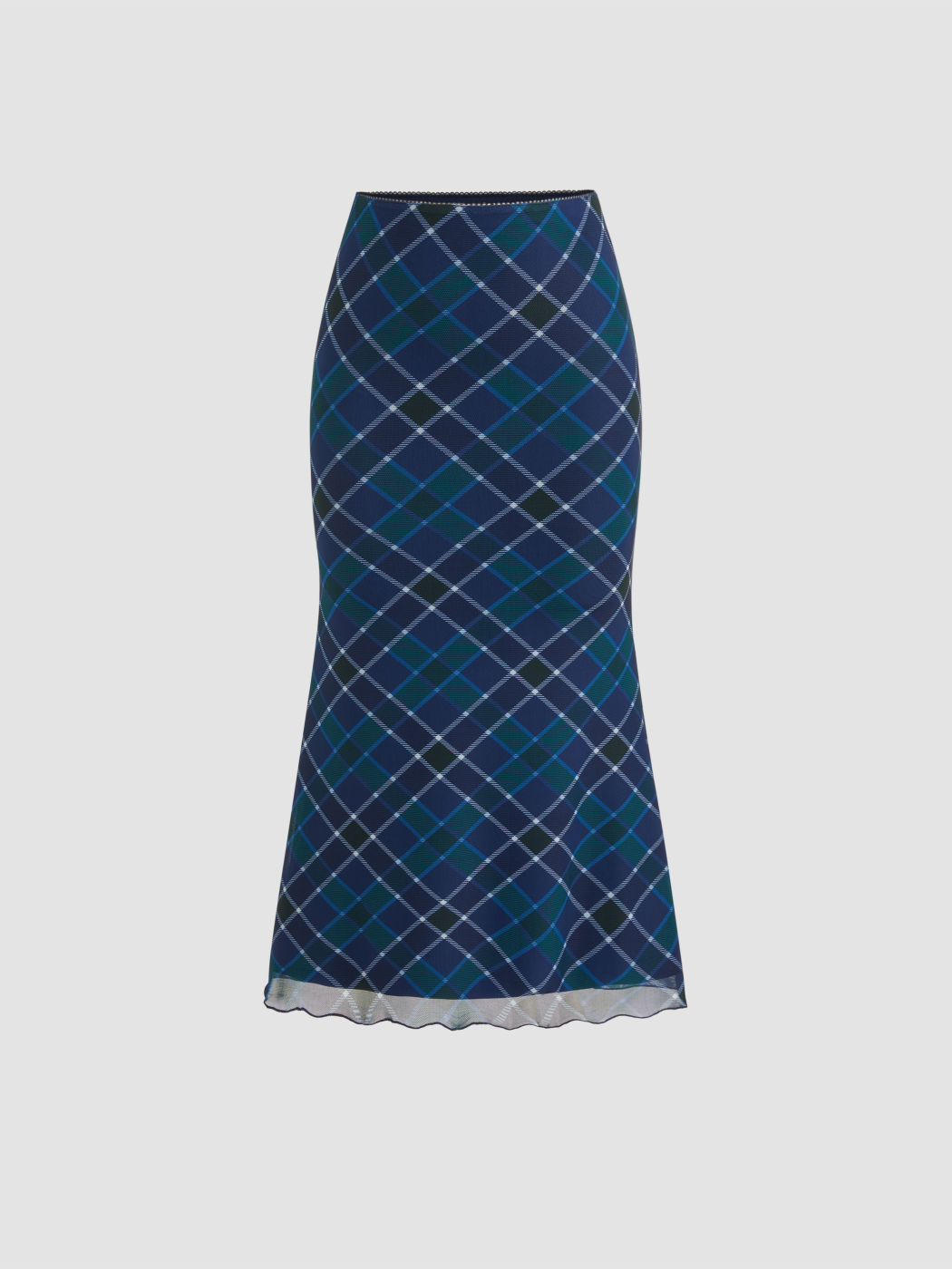 Mesh Mid Rise Check Lettuce Trim Maxi Skirt