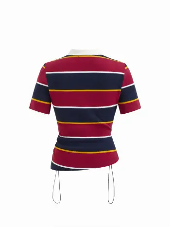 T-shirt arricciata con coulisse a maniche corte e colletto a righe in misto cotone