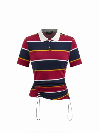 Kurzärmliges, geripptes T-Shirt aus Baumwollmischung mit Kragen und Schnürleiste