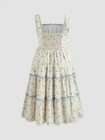 Baumwoll-Ditsy-Blumenkleid mit Kontrastborten, Knoten und Schichten Maxikleid Kurve & Plus