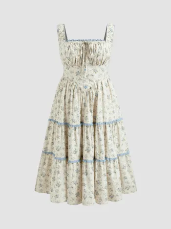 Baumwoll-Ditsy-Blumenkleid mit Kontrastborten, Knoten und Schichten Maxikleid Kurve & Plus