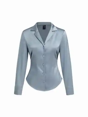 Camicia in raso con colletto, maniche lunghe, orlo curvo e vita arricciata