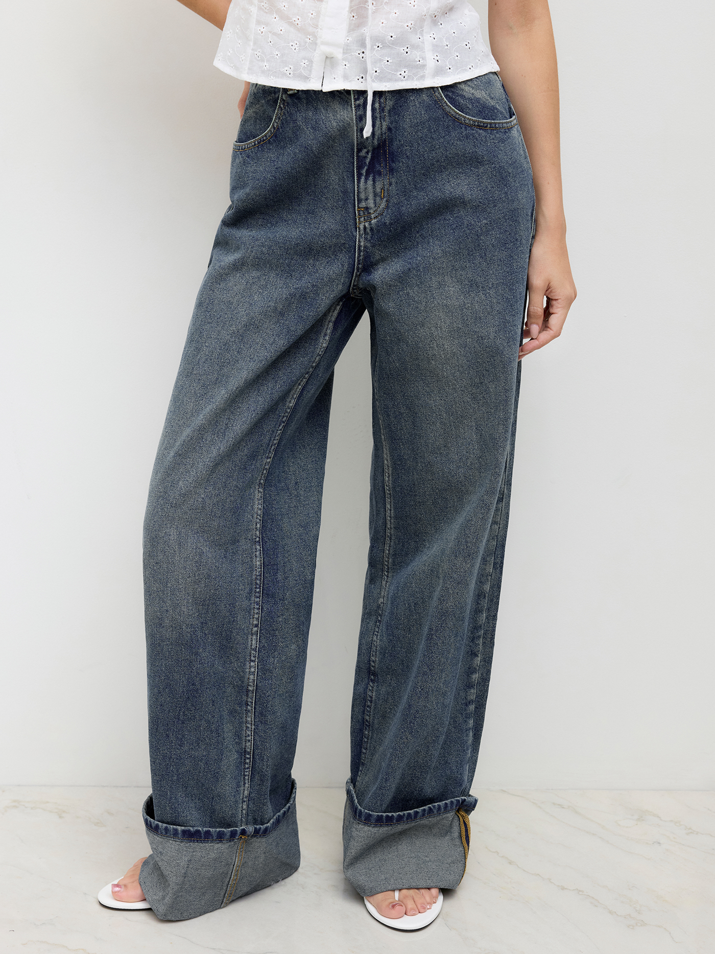 デニム・ジーパン LCDC : 25SS / CUT-OUT WAIST WASHED DENIM (SAND GREY) Brushed Grey Wash Skater Jeans