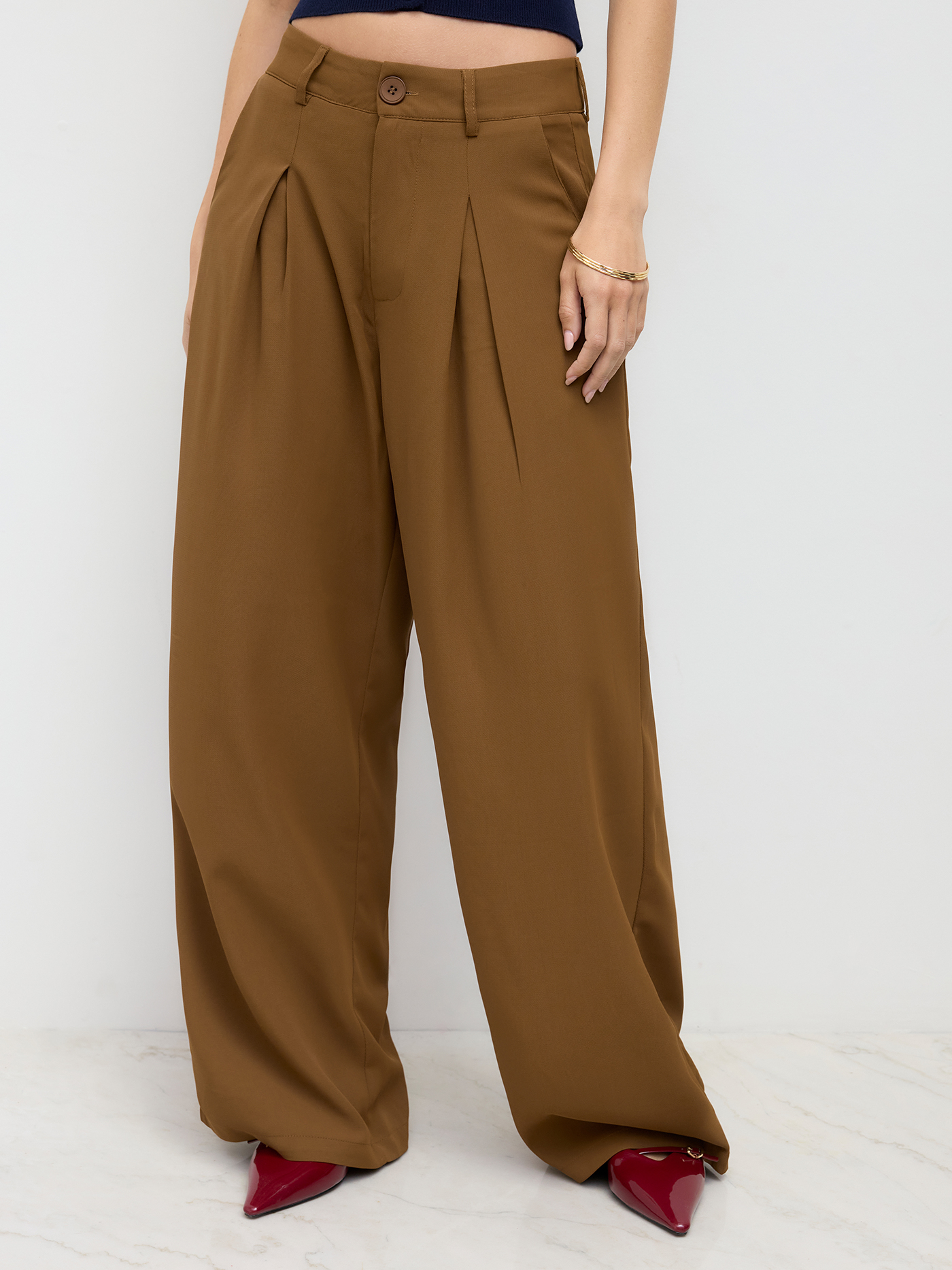 Woven Solid Pleated Wide Leg Trousers For Work