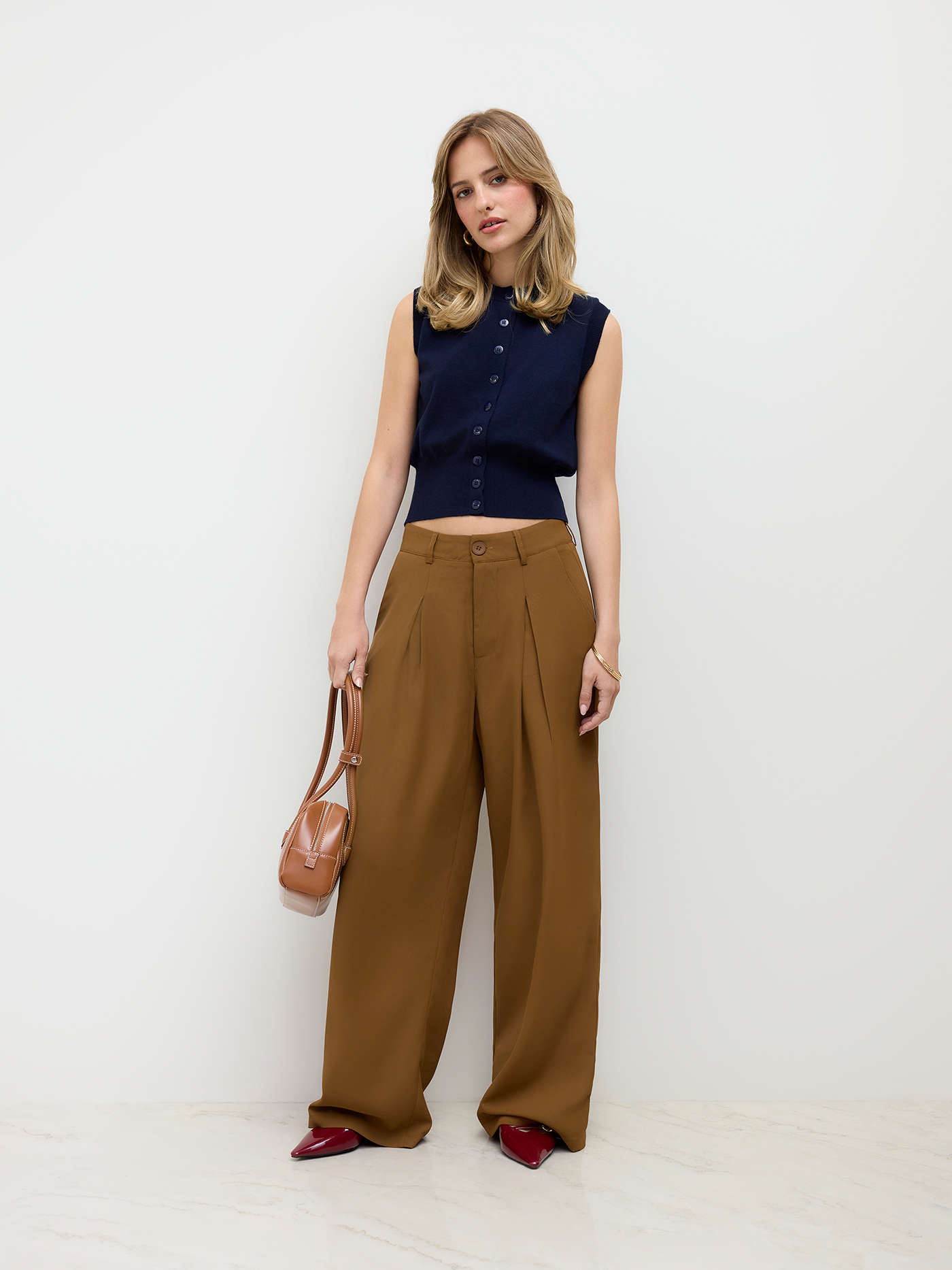 Milk Tea Pleated Wide Leg Trousers
