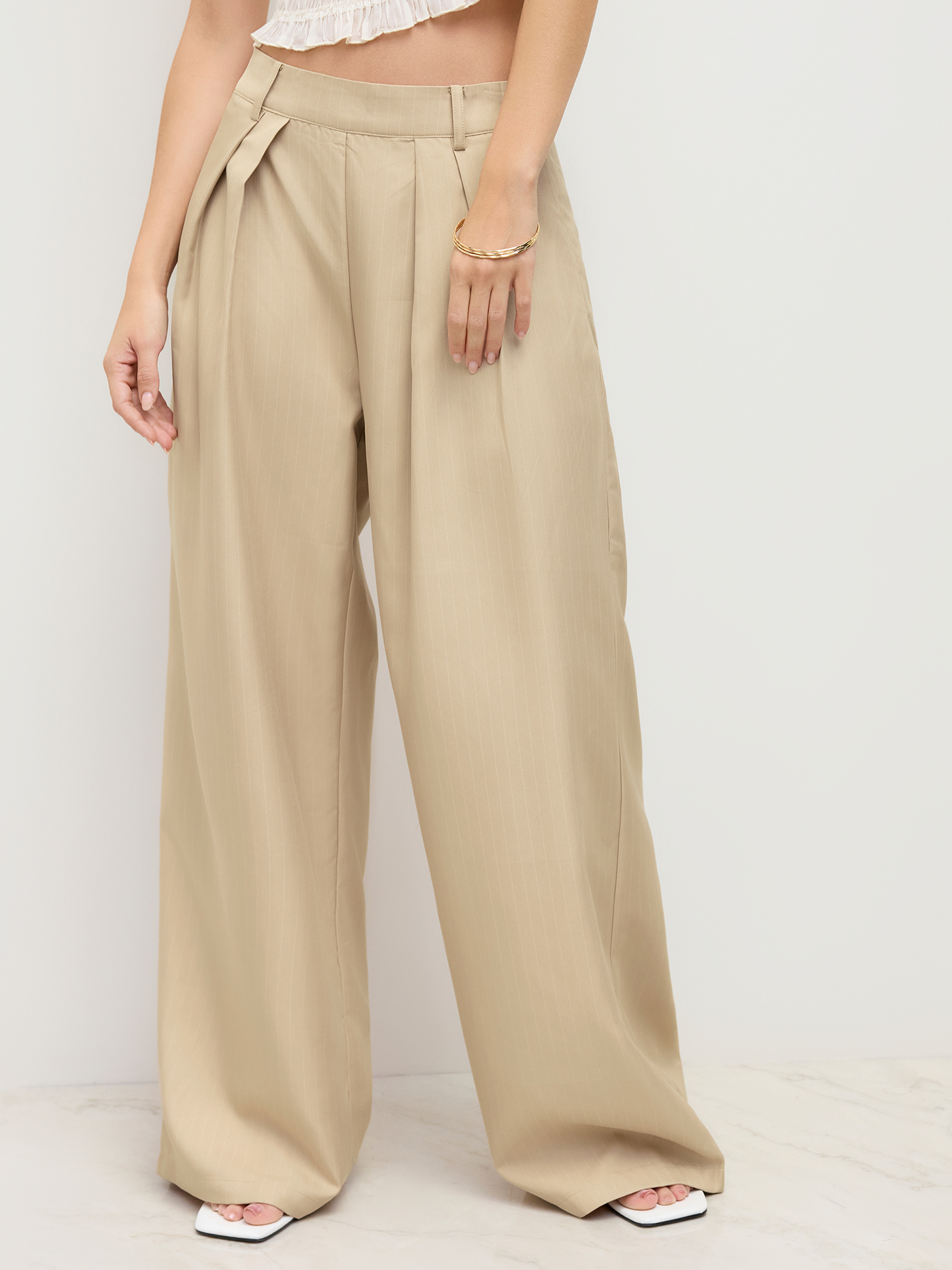 Woven High Rise Pleated Wide Leg Trousers For School Daily