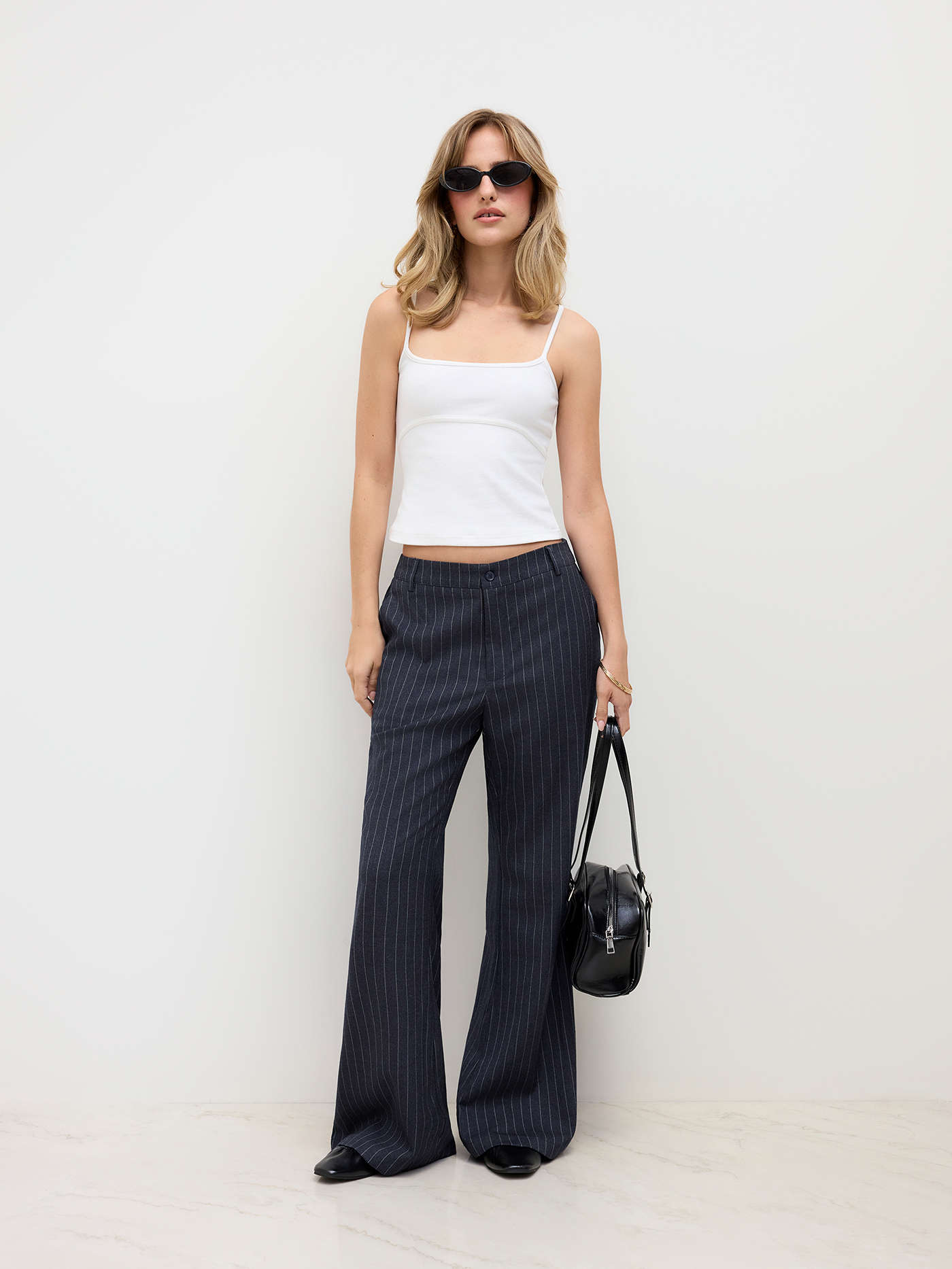 Belted & Flared Pinstripe Trousers